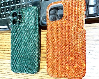 Strass Glitzer Handyhülle Orange/Dunkelgrün Luxus Sparkly Bling Out Handyhüllen Volle Seiten Schutz Rückseite Cover für Handy