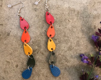 Leather Earrings- 5 Teardrop Dangles with Sterling Silver French Hooks