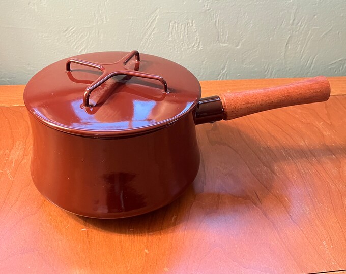 Vintage Mid Century Dansk Brown Enamel Saucepan With Lid & Wooden Handle Mid Century French