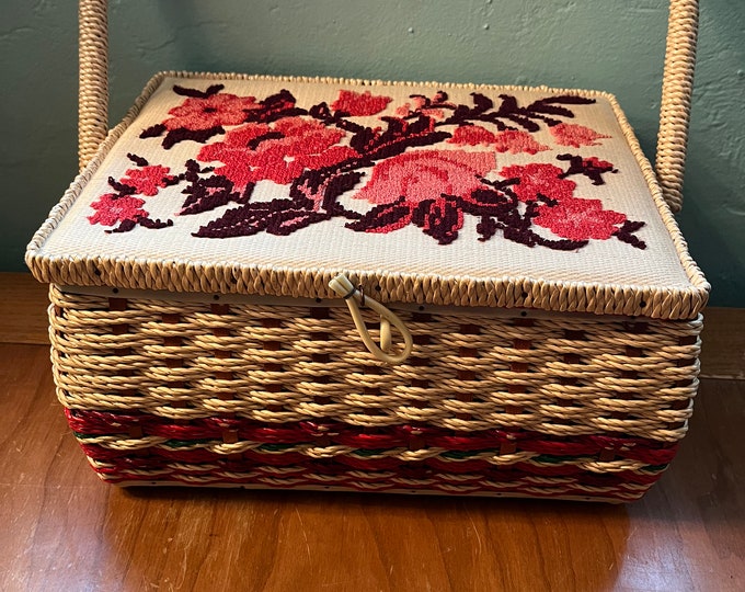 Vintage Sewing Basket/box With Floral Needlepoint Top Plastic Twine Vintage Floral Sewing Box