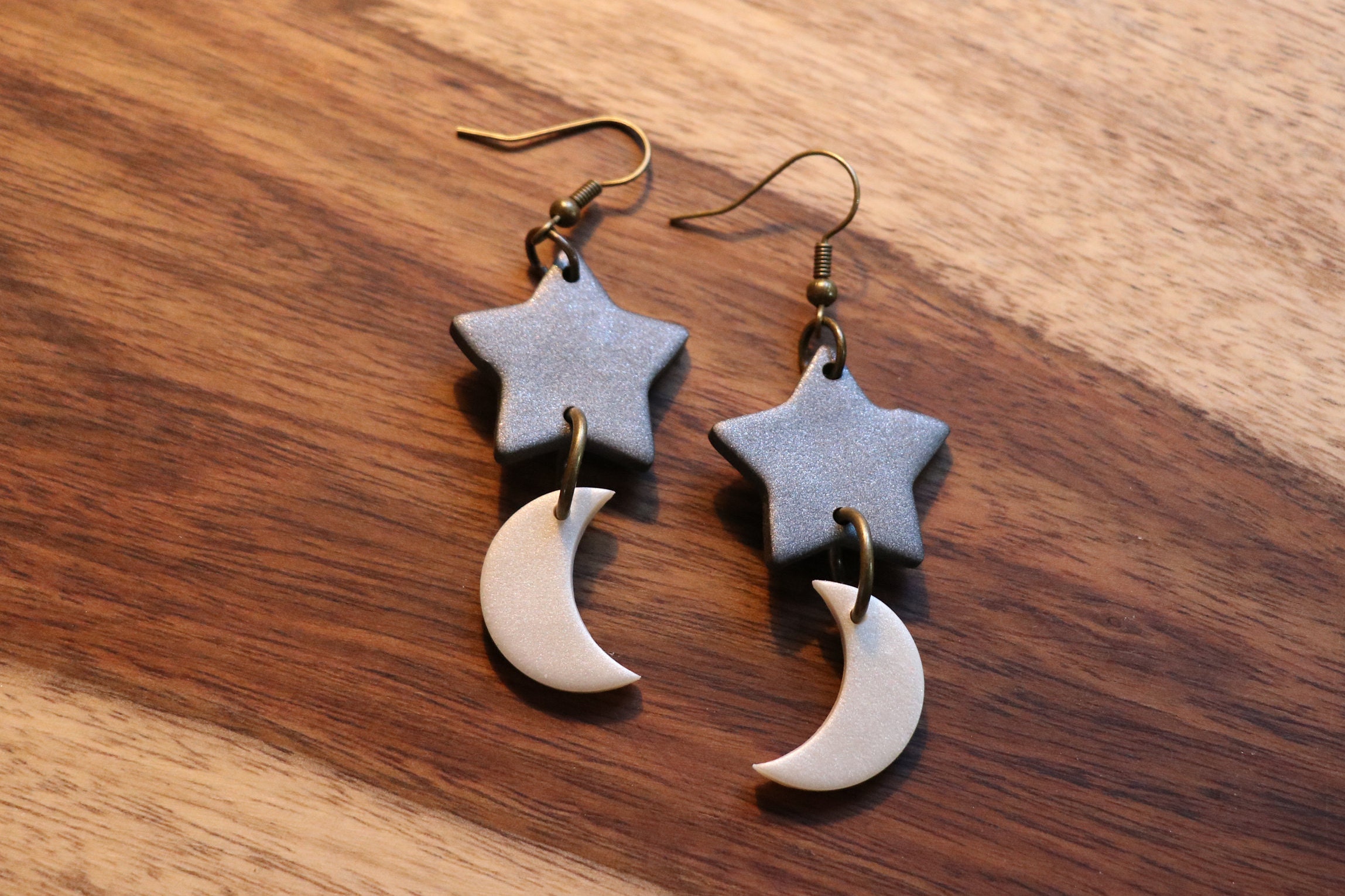 Moon and Star Dangle Earrings Polymer Clay Earrings Etsy