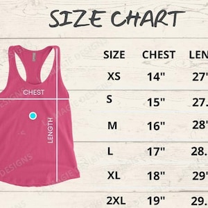 May include: Size chart for a tank top with measurements in inches for chest and length. Sizes include XS, S, M, L, XL, and 2XL.