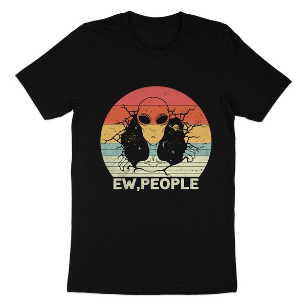 Vintage Alien Ew, People Graphic Tee - Retro Style UFO Believer T-Shirt, Colorful Distressed Alien Design