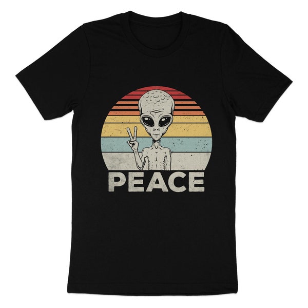 Vintage Alien Peace Sign Retro Striped Design T-Shirt, Funky Cosmic Graphic Tee, 70s Inspired Extraterrestrial Apparel