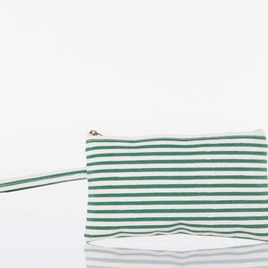 Green Stripes Clutch, Canvas Wristlet Pouch, Travel Cosmetic Bag, Green Stripe Makeup Bag, Durable Toiletry Bag, Nautical Canvas Clutch