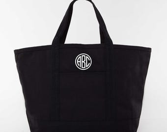 Monogrammed Black Canvas Tote Bag: Personalized Zippered Travel Beach Bag