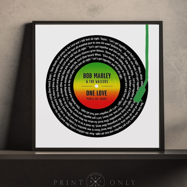 Bob Marley & The Wailers "One Love" Song Lyrics | VINYL Record Art PRINT | Reggae Music Lover Unique Gift | PRINT Only-Unframed