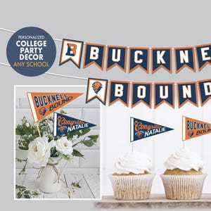 Personalized College Graduation Party Banner, Cupcake Toppers & Pennant Flag Centerpiece Sticks | Printed or Digital | Customize ANY SCHOOL