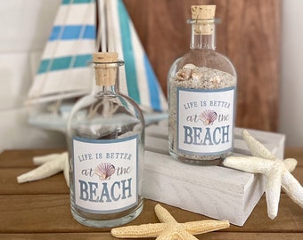 Life is Better at the BEACH Mini GLASS Bottle Decoration | Beach Sand and Seashells in Decorative Corked Glass Jar | Beach Home Decor
