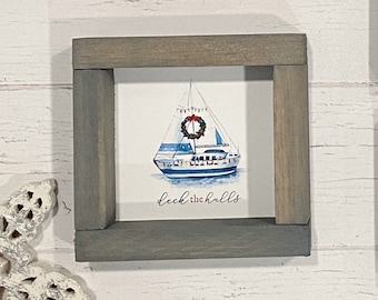 DECK the HULLS Nautical Christmas Mini Wood Framed Sign | Holiday Lights Sailboat Sign | Beach Lover Christmas Decor | Nautical Christmas