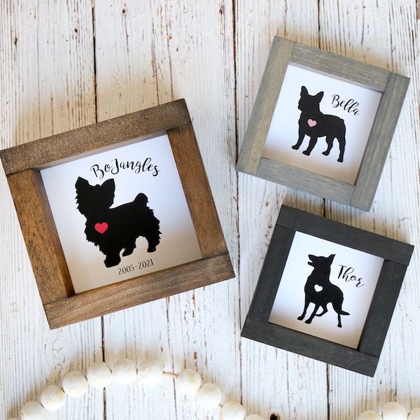 PERSONALIZED DOG BREED Sign | Custom Name Dog Breed Silhouette | Pet Memorial Gift | Dog Lover Gift |  4"x4" or 5.5"x5.5" Wood Framed Sign