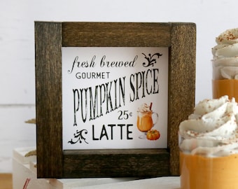 PUMPKIN SPICE LATTE Mini Wood Framed Sign | Fall Tiered Tray Decor | Vintage Pumpkin Latte Sign | Fall Coffee Bar Station | Pumpkin Lover