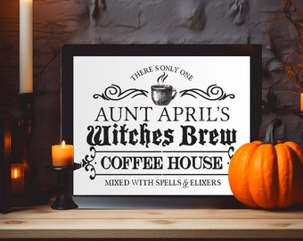 Personalized WITCHES Brew COFFEE HOUSE Art | Print, Mounted Canvas or Digital File | Custom Name Halloween Coffee Station | Fall Kitchen