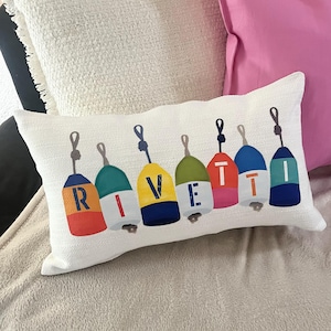 PERSONALIZED Name Colorful BUOY Pillow| Coastal Watercolor Buoys| 20x20 inches