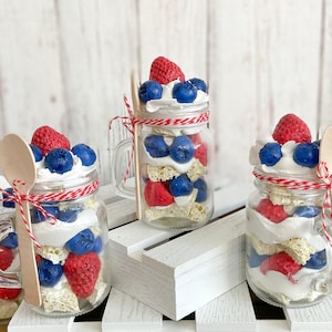 1 FAUX BERRY TRIFLE Dessert in Mini Glass Mason Jar | Fake Berry Parfait Decor | Summer Patriotic Americana Decor | Fourth of July Kitchen