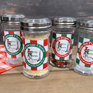 Little Nero's Pizza Novelty Mini SHAKER JARS | Empty- Fill Yourself with Parmesan Cheese & Hot Pepper Flakes | HOME Alone Movie Party Decor