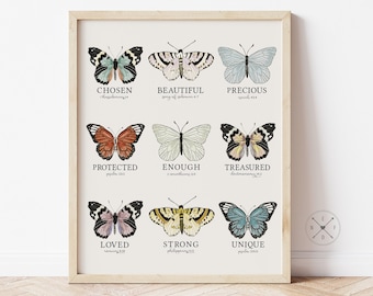 BUTTERFLY Bible Verse AFFIRMATIONS Wall Art Print or Canvas | I am Chosen, Loved, Enough | Multiple Size Options | Christian Home Decor