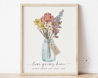 Personalized Birth Month Flower Art| PRINT, Framed Canvas, Digital File | Custom Family Flower Bouquet | Mother's Day Gift | Love Grows Here