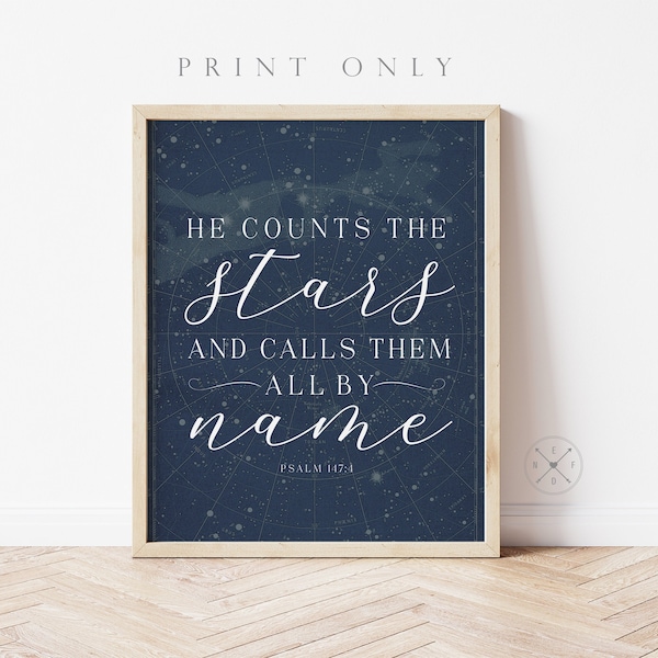PSALM 147:4 - HE Counts the Stars and Calls them all by Name | Fine Art Print or Canvas | Multiple Sizes| Christian Home Decor Wall Art