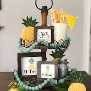 PINEAPPLE Summer Farmhouse TIERED TRAY Decor | Welcome Pineapple Sign | Hello Sweet Summer Sign  |  Summer Fruit themed Home Decor