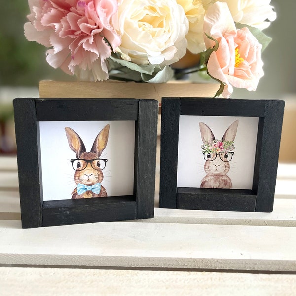 BUNNY RABBIT with GLASSES Vintage Wood Framed Signs | Vintage Easter Bunny Art | Boho Spring Home Decor | Bowtie and Floral Headband