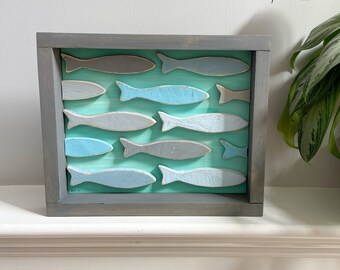 Framed WOODEN FISH Art Sign | Teal/Blue/Grey Color Tones | 11.5"x 9.5" x2.25" | Colorful Beach Decor | Nautical Beach House Wall Art Piece