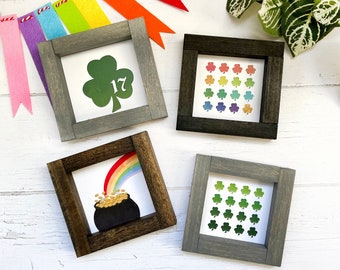 St. PATRICK'S DAY Mini Wood Framed Art PRINTS or Mini Wood Framed Signs  | Ombre Watercolor Shamrocks | Pot of Gold | Watercolor Rainbow