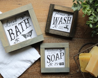 BATHROOM Wood Framed mini Signs 4x4" or 5.5x5.5" | Please WASH Your Hands | Fresh Hot BATH | Handmade Soap | Farmhouse Bath Decor