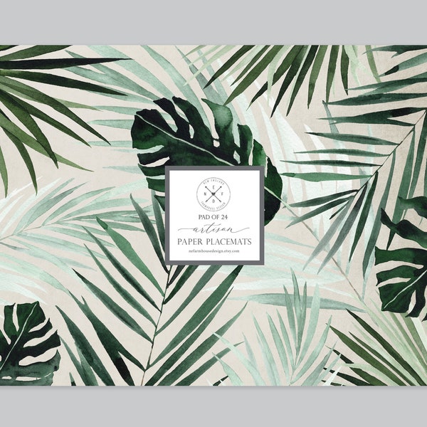 Artisan Paper Placemats | Pad of 24 - Easy to Tear off sheets | Size: 17.25" x 12" | Botanical Green Palm Leaf Design | Tablescape Decor