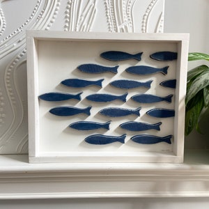 Framed WOODEN FISH ART Sign | White/Navy Blue Color Tones | 17&quot;x 14&quot; x2.25&quot; | Unique Beach House Decor | Nautical Beach Art Piece |