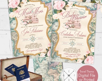Travel Themed INVITATIONS 5x7 inch | Blank White Envelopes included | World Map Floral Design | Travel Theme Shower Decor