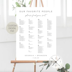 May include: A white wedding seating chart with the title "Our Favorite People, please find your seat". The chart lists guests alphabetically by last name with table numbers. The bottom of the chart reads "Georgia + Brandon 7.20.24".