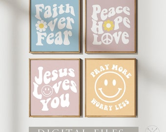 GROOVY Retro Christian ART DIGITAL Files Only | Jesus Loves You | Faith Over Fear | Pray More Worry Less | Print on you own