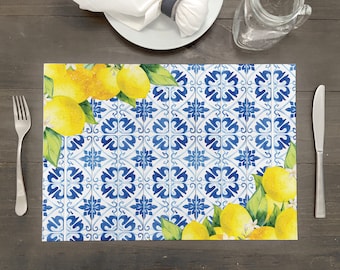 Artisan Paper Placemat Sheets | Multiple Quantities Available | Size: 17.25" x 12" | Lemon Positano Blue Tiles Design | Tablescape Decor