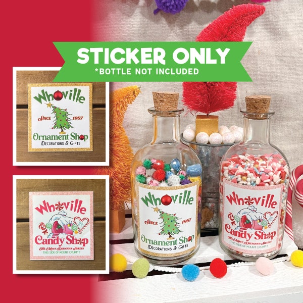 WHOVILLE Ornament & Candy Shop STICKER Label Only | Easy-to-Peel Stickers | 2 Design Options | Approximately 2.4" x 2.4" | DIY Home Decor