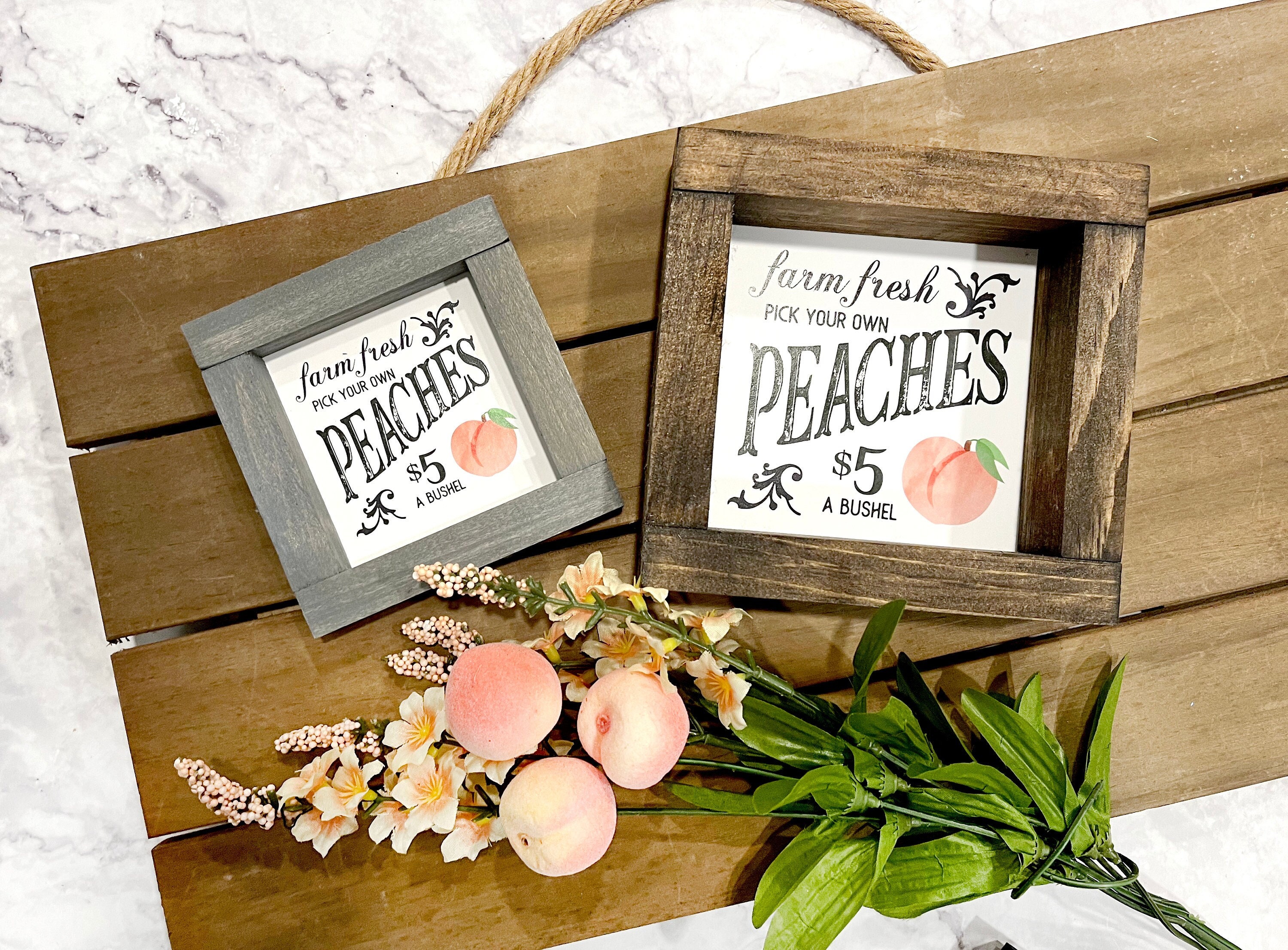 Kitchen Rustic Style Garden Sign 5" x 10" Wood Fruit Sign Peaches Sign 
