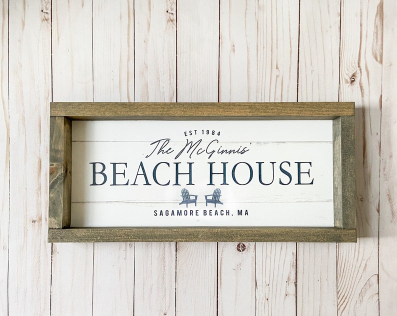 PERSONALIZED Family Name BEACH HOUSE Wood Framed Sign, Mounted Canvas or Print only Option 17X7.5 or 24x12 image 3