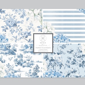 Artisan Paper Placemat Sheets | Multiple Quantities Available | Size: 17.25&quot; x 12&quot; | 4 Blue Toile Floral Designs |  Tablescape Decor