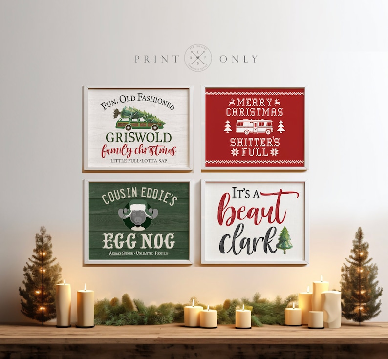 Puede incluir: Cuatro impresiones enmarcadas con dise&ntilde;os navide&ntilde;os inspirados en la pel&iacute;cula "Vacaciones de Navidad". Las impresiones presentan texto e ilustraciones de las tradiciones navide&ntilde;as de la familia Griswold, incluyendo su ic&oacute;nico vag&oacute;n de estaci&oacute;n, el ponche de huevo de Cousin Eddie y la famosa frase "el ba&ntilde;o est&aacute; lleno".