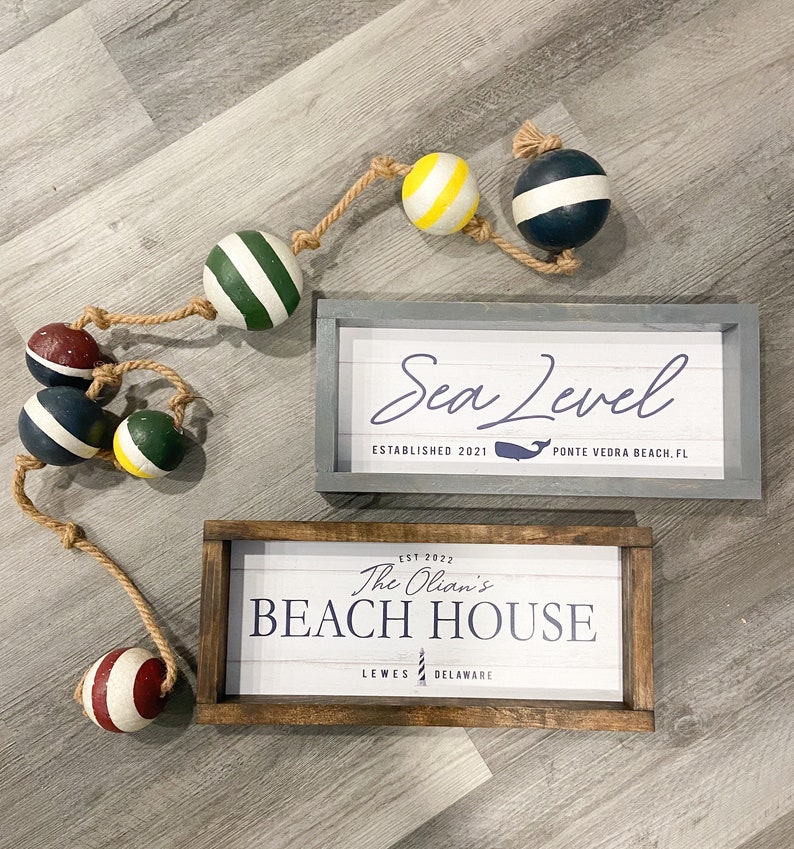 PERSONALIZED Family Name BEACH HOUSE Wood Framed Sign, Mounted Canvas or Print only Option 17X7.5 or 24x12 image 2