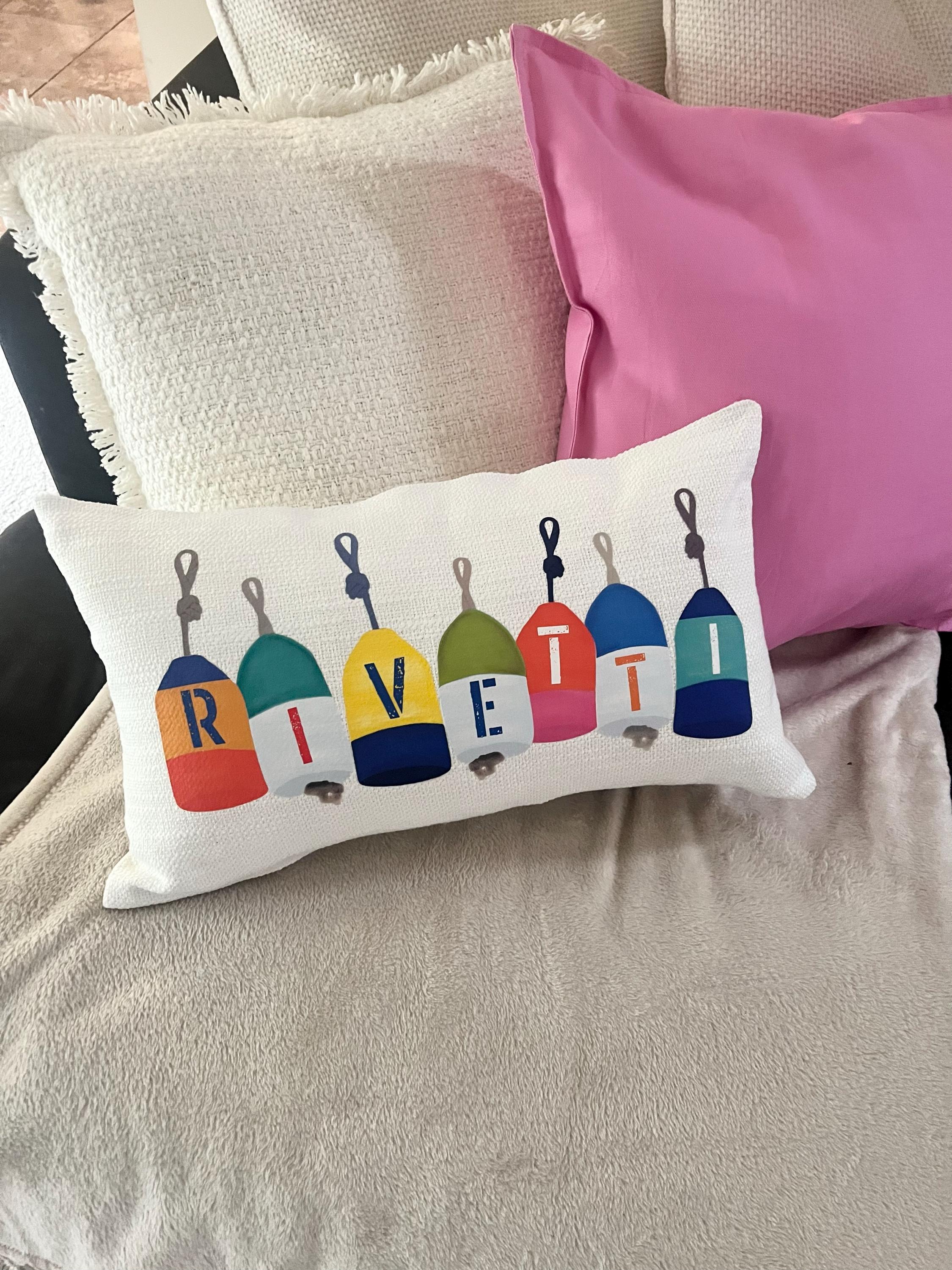 PERSONALIZED Name Colorful BUOY Pillow| Coastal Watercolor Buoys| 20x12 inches