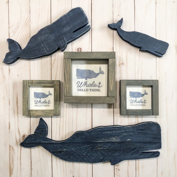 Wooden WHALE Cutouts Hand Cut Painted RECLAIMED Wood Whale Signs
