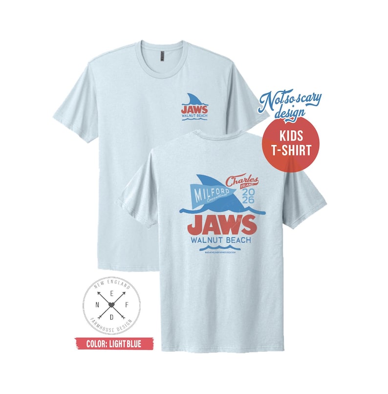 JAWS at Walnut Beach Vintage Merch | Adult & Youth T-Shirts | Vinyl Beach Sticker | Milford, Connecticut Souvenirs + Gifts Youth Tee (Lt. Blue)
