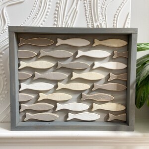 Framed WOODEN FISH Art Sign | Neutral Beach Decor | White, Grey and Taupe Color Tone | 17&quot;x 14&quot; x2.25&quot; | Nautical Beach House Wall Art Piece