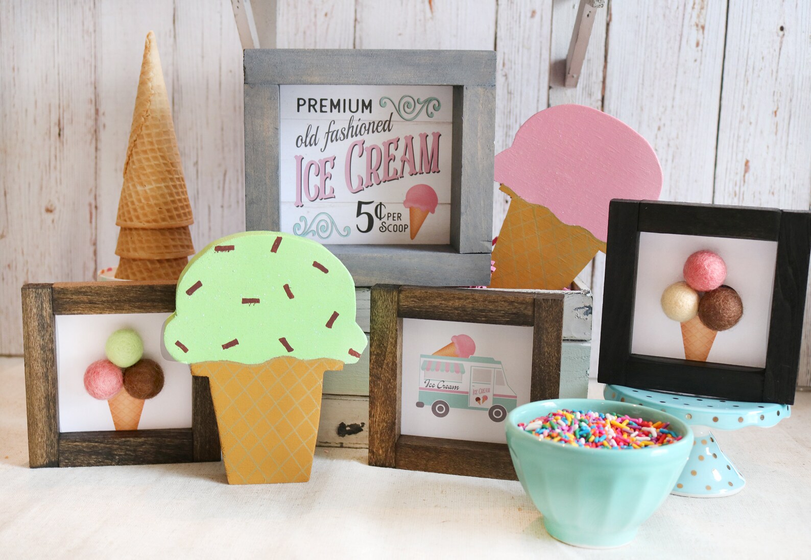 ICE CREAM Cone WOOD Cutout Strawberry Ice Cream Cone Mint Etsy