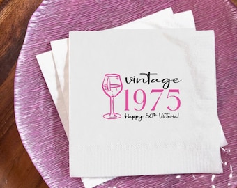 Vintage Birthday Cocktail Napkins |  5x5 inch Cocktail or 4 x 8.5in Guest Napkin  | Personalized White Napkin with drink and optional saying