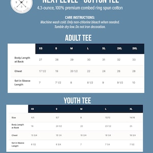 May include: A blue informational chart titled Next Level Cotton Tee displaying sizing specifications for adult and youth t-shirts. The chart includes columns for sizes XS through 3XL and XS through XL, with measurements in inches for body length, chest, and sleeve length.