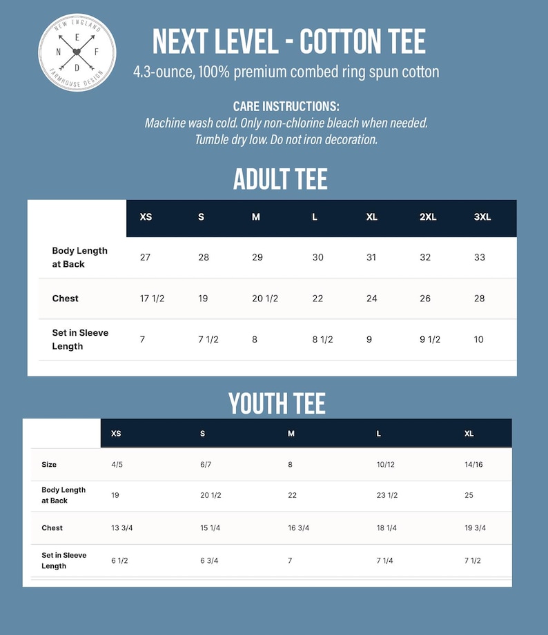 May include: A blue informational chart titled Next Level Cotton Tee displaying sizing specifications for adult and youth t-shirts. The chart includes columns for sizes XS through 3XL and XS through XL, with measurements in inches for body length, chest, and sleeve length.