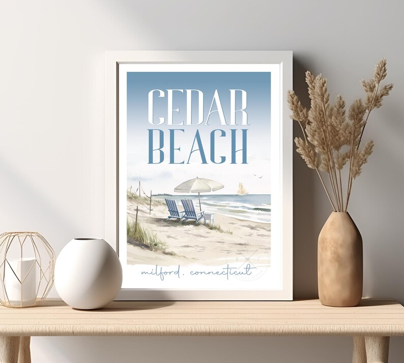 CEDAR BEACH Scene Blue Watercolor Art Milford, Connecticut Beach Home