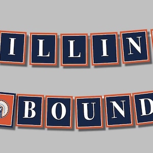 May include: A banner with the words "ILLINI BOUND" in white capital letters on navy blue and orange squares. The banner is strung on a white string against a gray background. A compass graphic is in the lower left corner.
